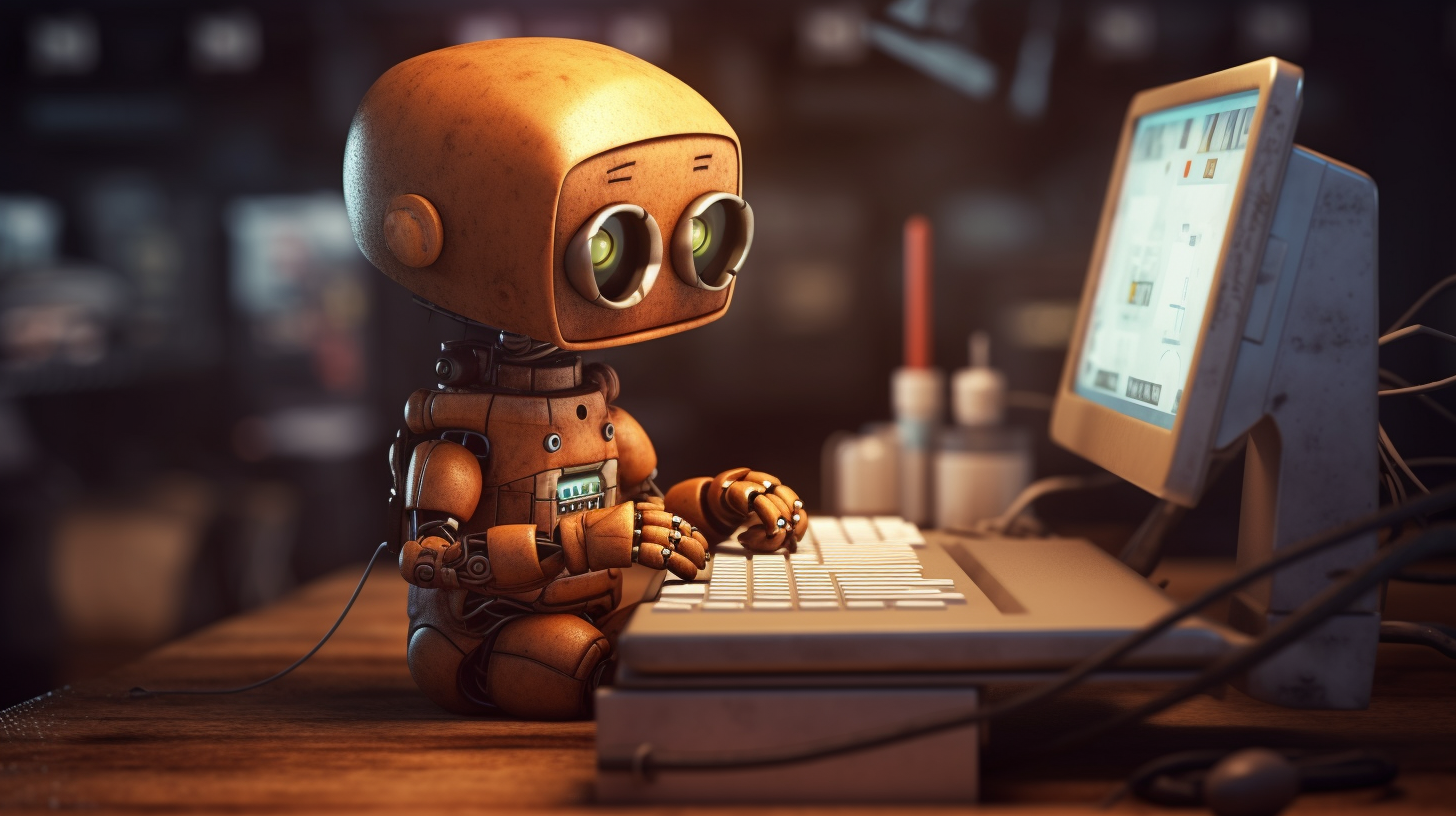 Cute robot writing at computer