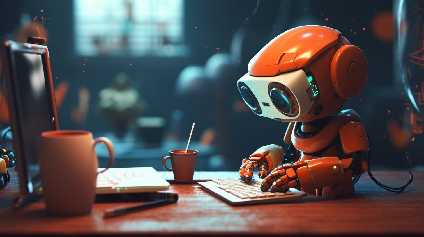 Cute robot writing at computer